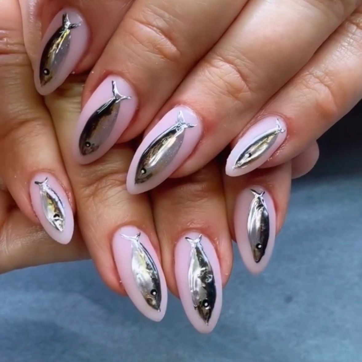 Medium Oval Nails With 3D Silver Fish Motifs — Nail Designs