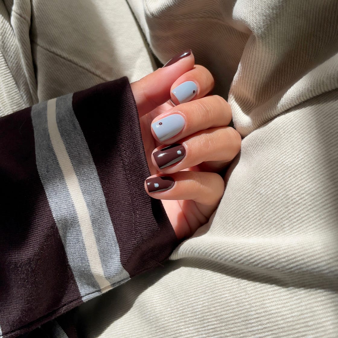 Short Square Nails With Brown Blue Dots — Nail Designs