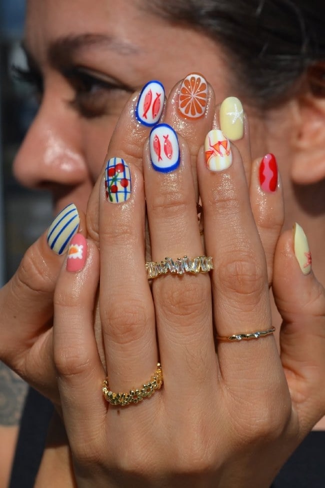Short Oval Nails With Summer Fruit And Fish Motifs — Nail Designs