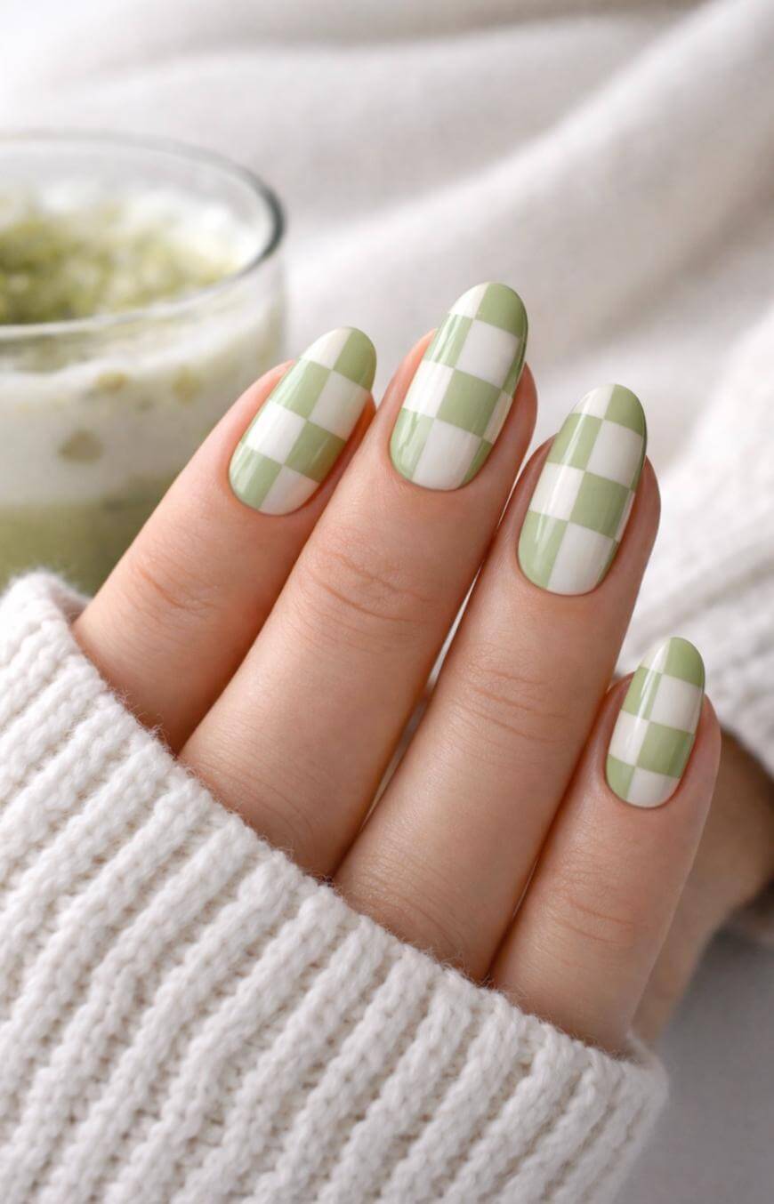 Oval Nails With Green Checkerboard Pattern — Nail Designs