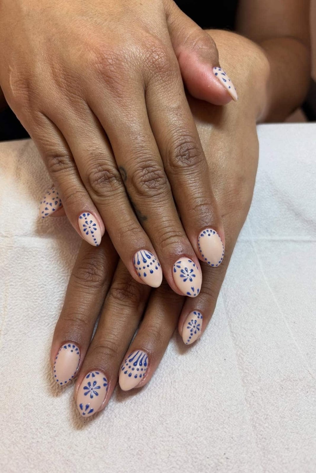 Medium Oval Nails With Blue Folk Art Pattern — Nail Designs