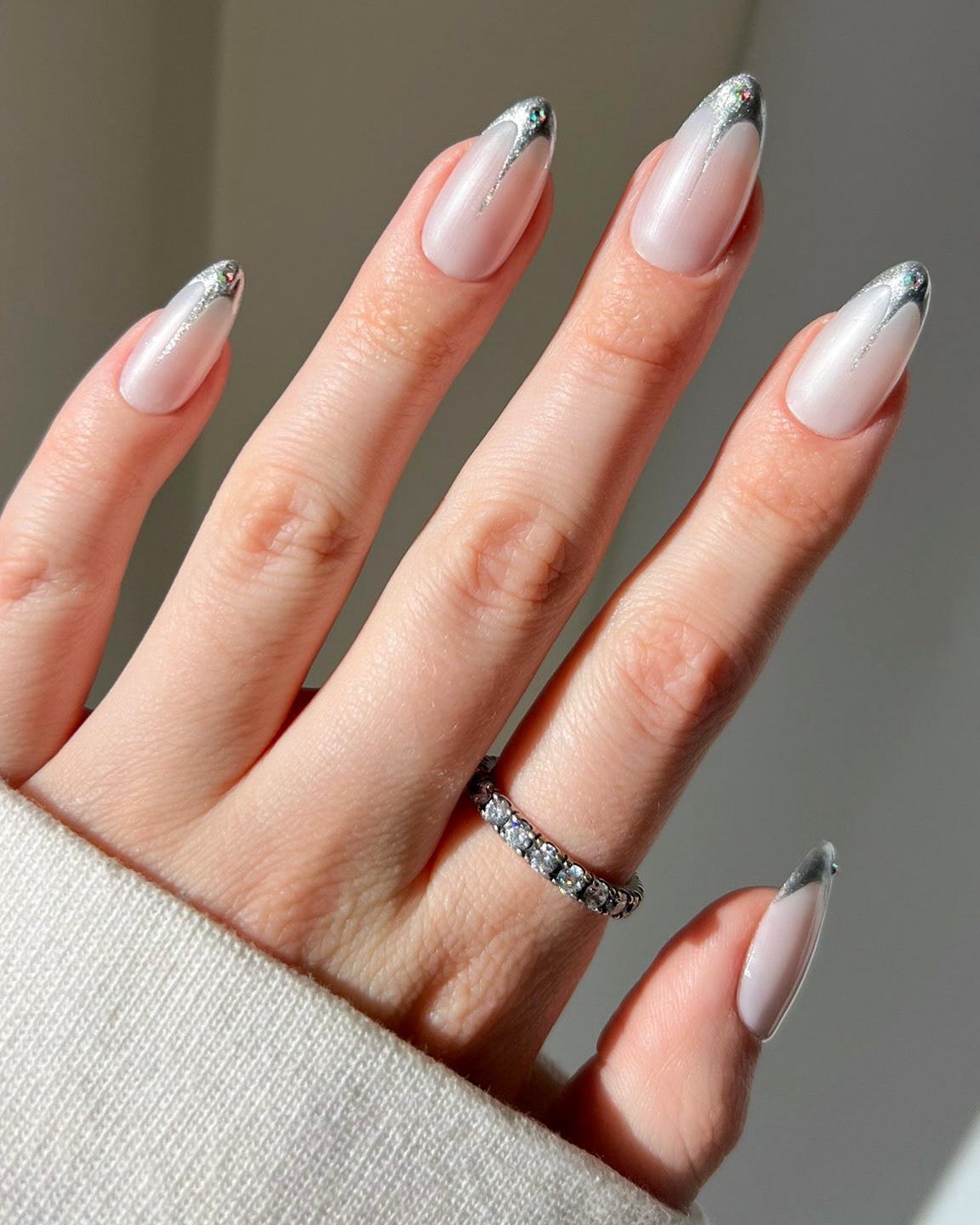 Medium Almond Nails With Metallic Silver French Tips — Nail Designs