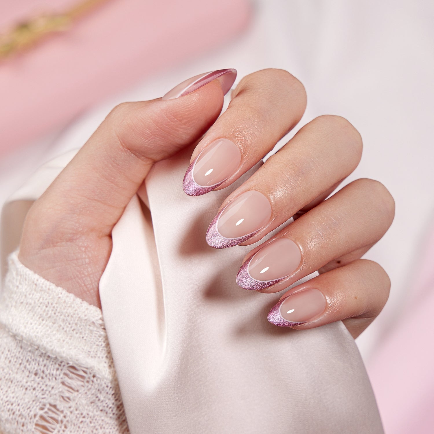 Medium Oval Pink Nude French Pearl Nails — Nails for Wedding