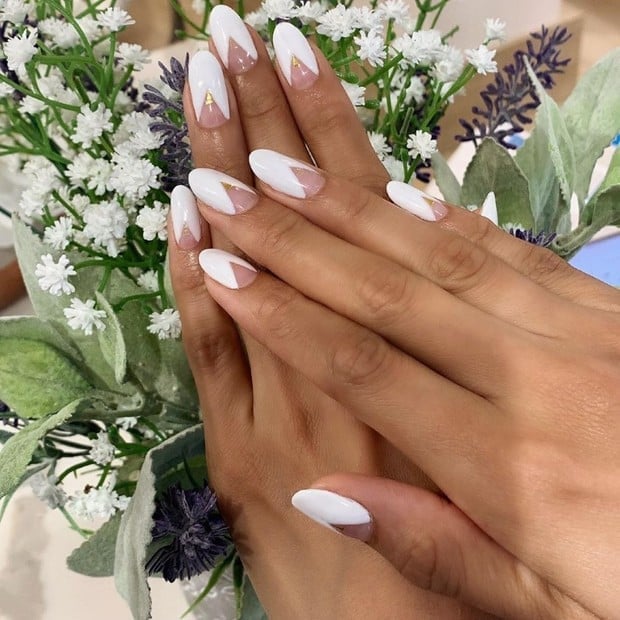 Long Stiletto Pink White Gold Abstract Nails — Nails for Wedding