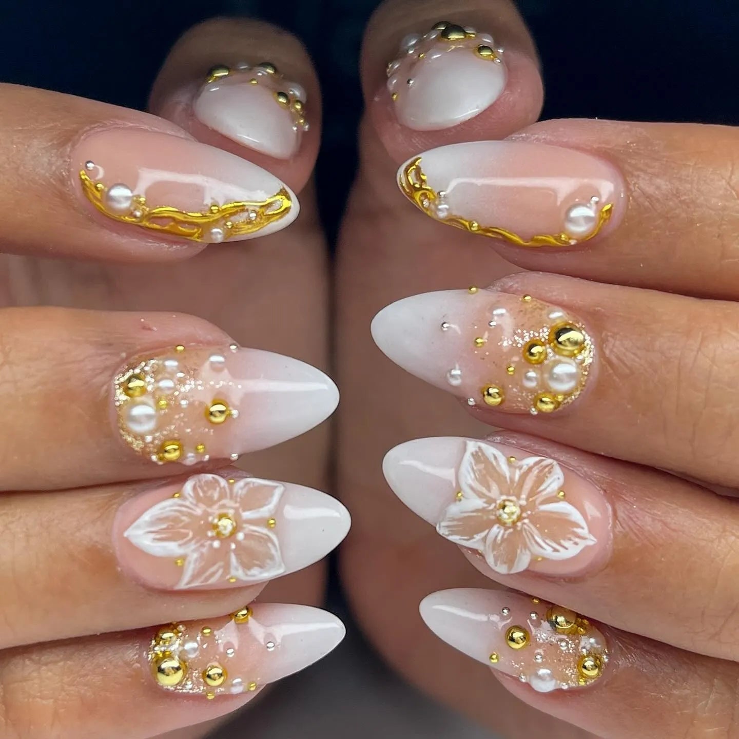 Short Almond Milky Gradient 3D Flower Nails — Nails for Wedding