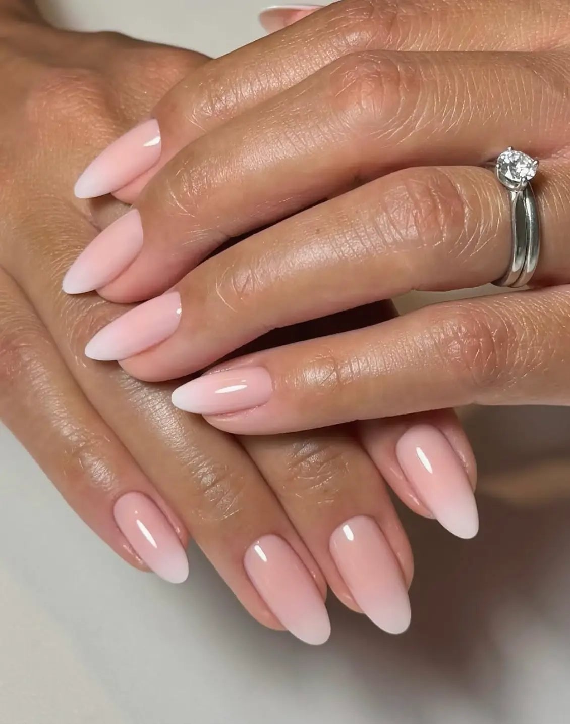 Short Almond Milky Pink White Ombre French Nails, Close-Up Take — Nails for Wedding