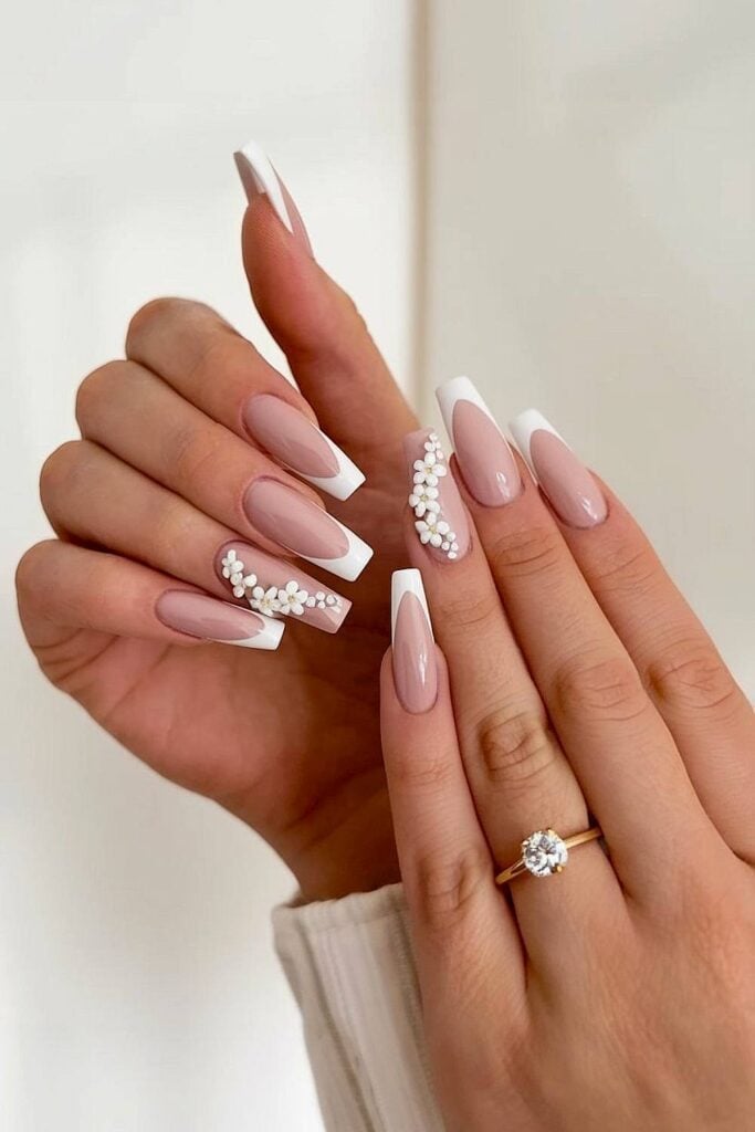 Long Square Nude 3D Floral Nails — Nails for Wedding