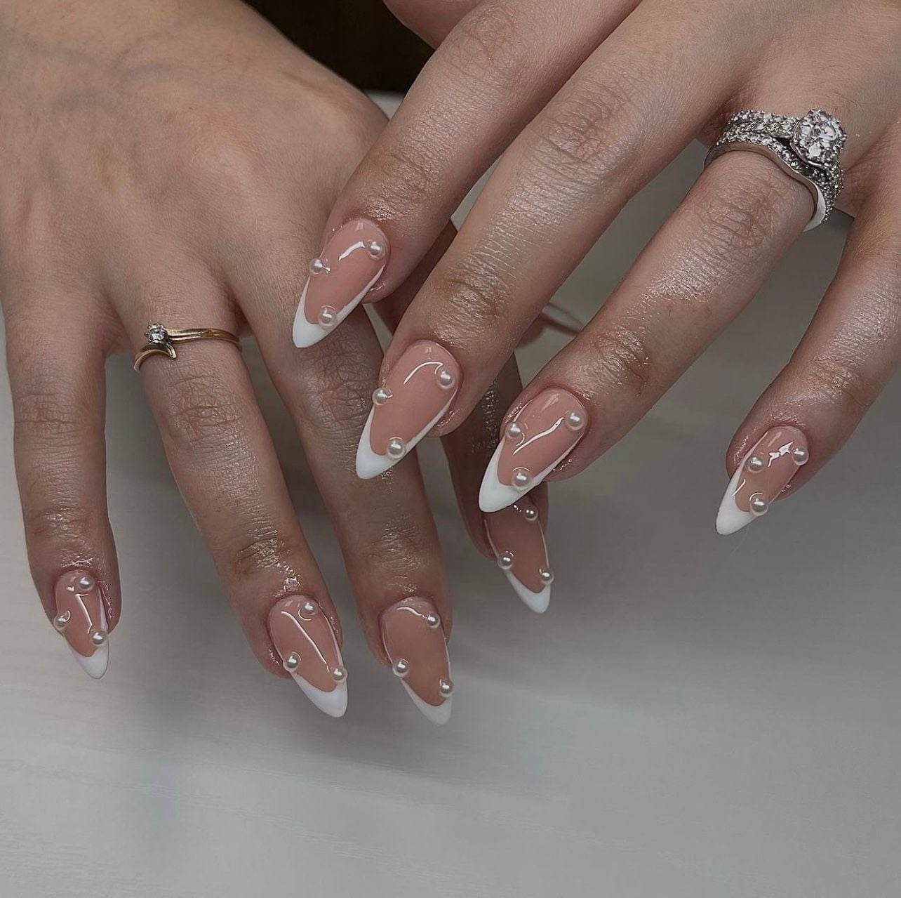 Medium Almond Nude White Pearl Nails — Nails for Wedding