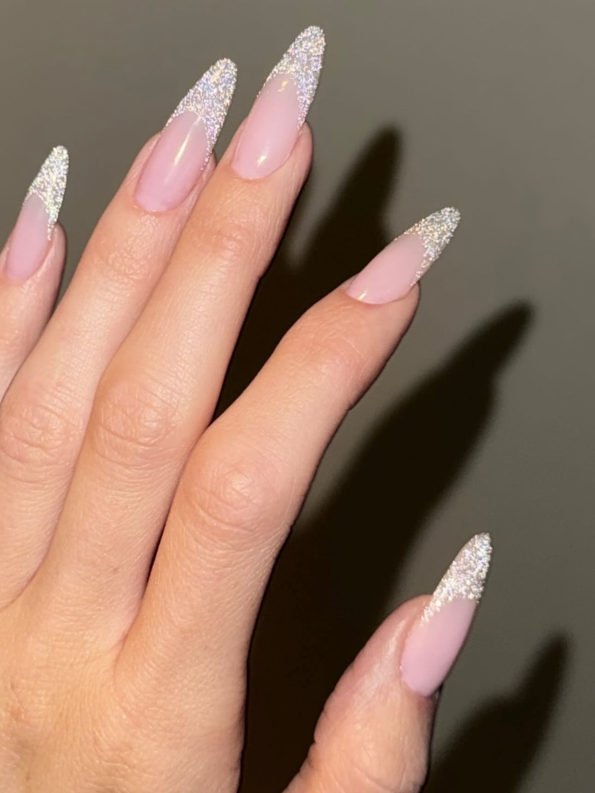 Medium-Long Stiletto Pink Silver Glitter French Nails — Nails for Wedding