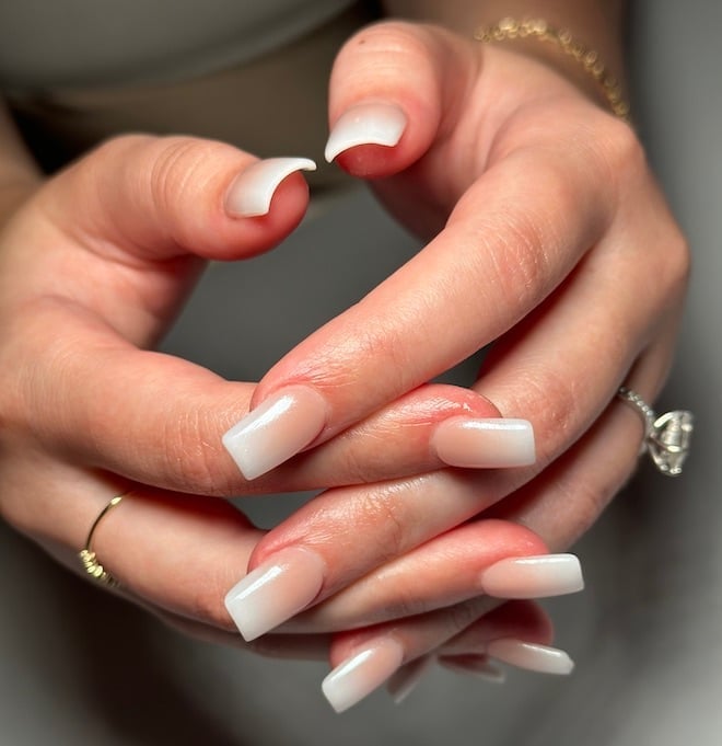 Short Square Milky White Pink Ombre Nails, Everyday Version — Nails for Wedding