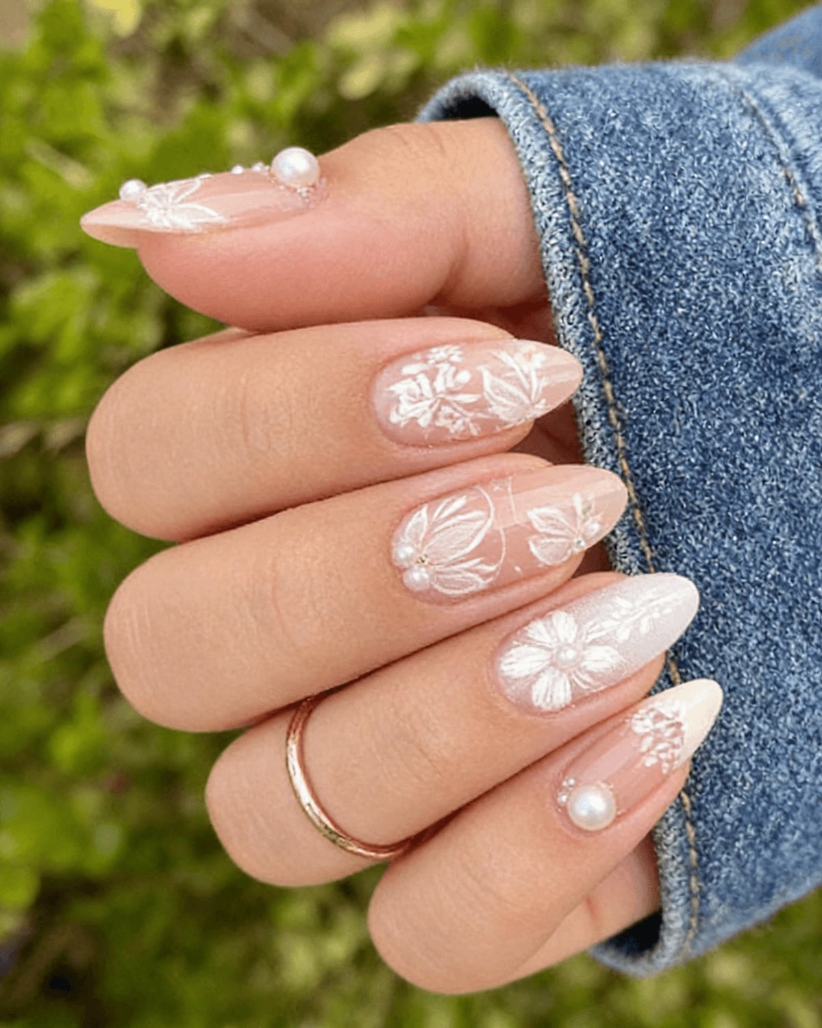 Long Almond Lace Pearl Rhinestone Nails — Nails for Wedding