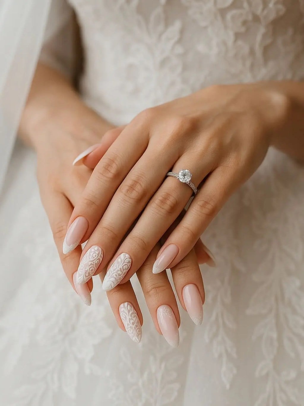 Long Almond Sheer Nude Lace Accent Nails — Nails for Wedding