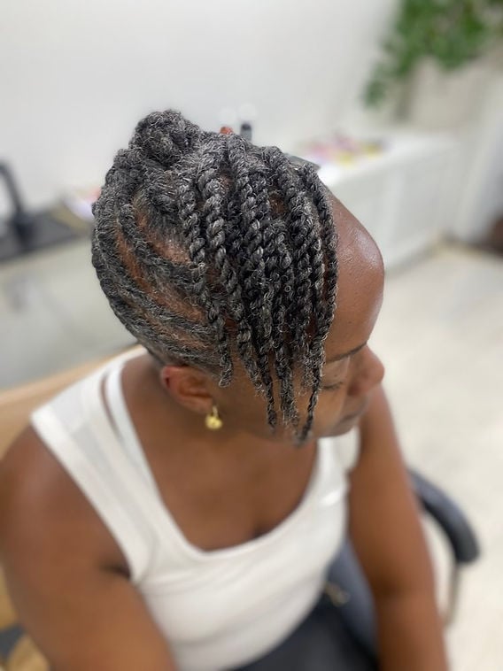 Gray Chunky Twists Bun With Wispy Bangs Gray Chunky Twists Bun With Wispy Bangs — Natural Hair Twists