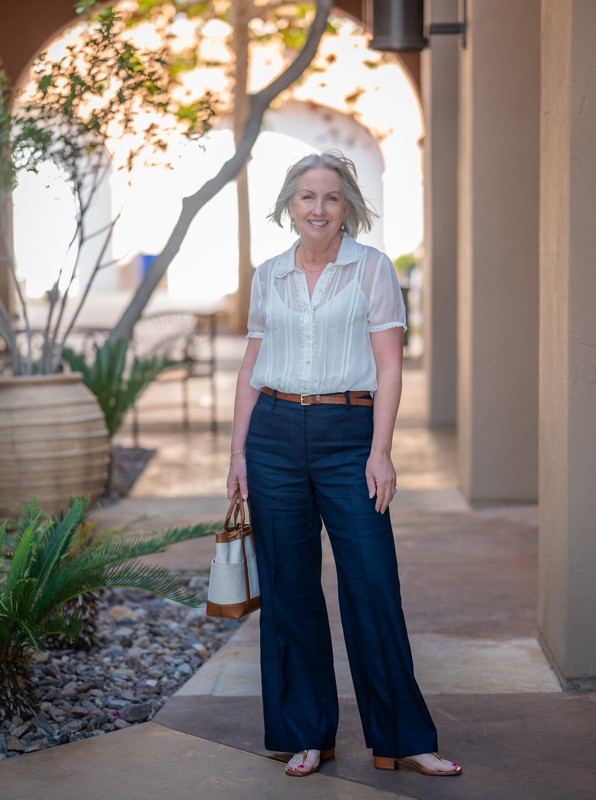 Navy Linen Trousers with Sheer Blouse Navy Linen Trousers with Sheer Blouse — Navy Blue Outfits