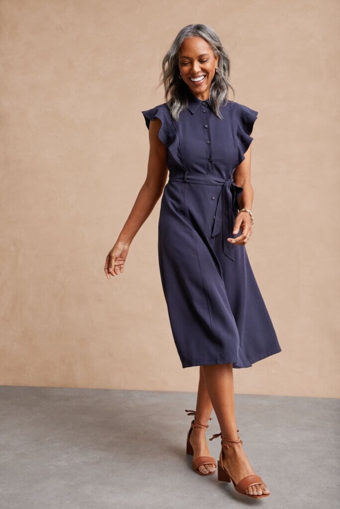 Navy Crepe Midi Dress with Ruffled Sleeves Navy Crepe Midi Dress with Ruffled Sleeves — Navy Blue Outfits