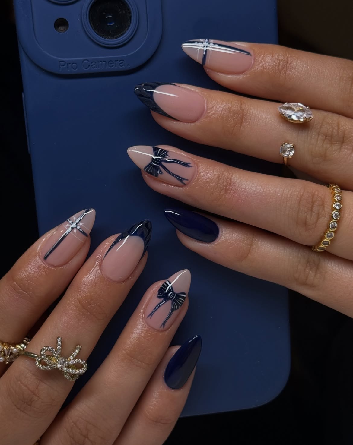 Navy Bow & Starburst French Almond Nails