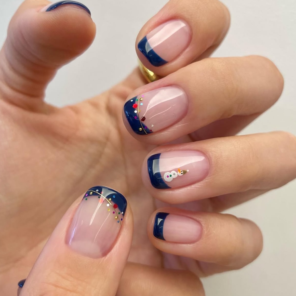 Navy French Tip Snowman & Glitter Accents