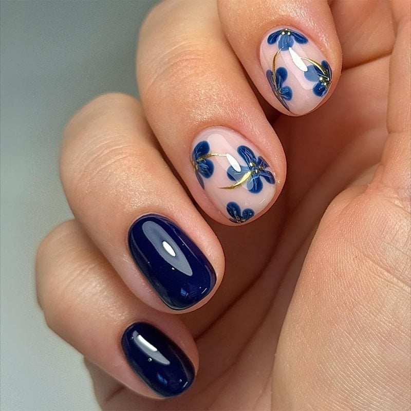 Short Oval Navy Floral Decals — Navy Nails