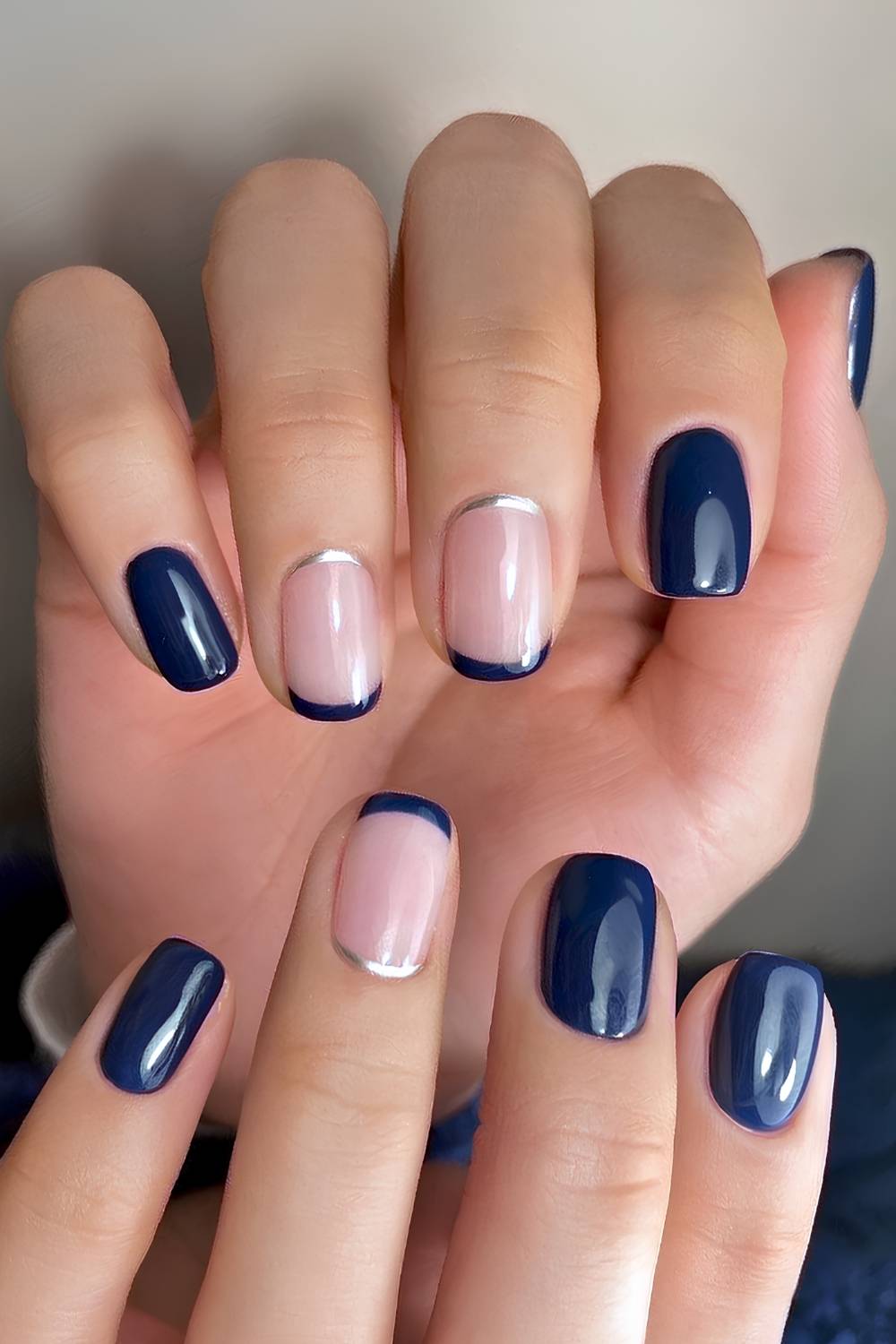 Short Square Navy French Tip Silver Line — Navy Nails