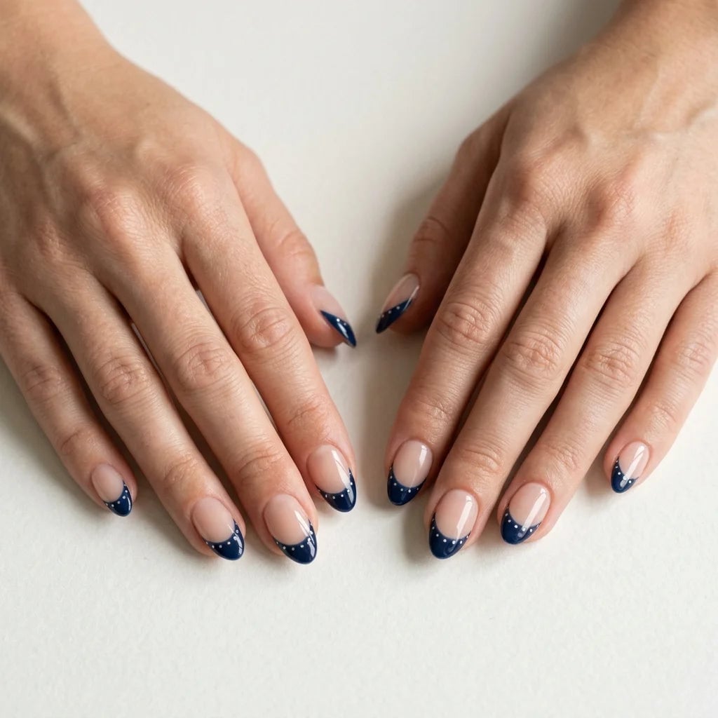 Almond Navy French Tips White Dots — Navy Nails