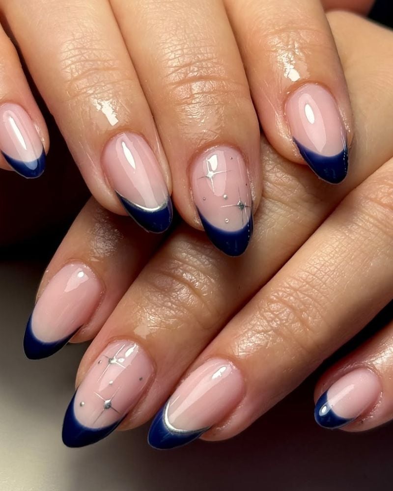 Medium Almond Navy French Silver Accents — Navy Nails