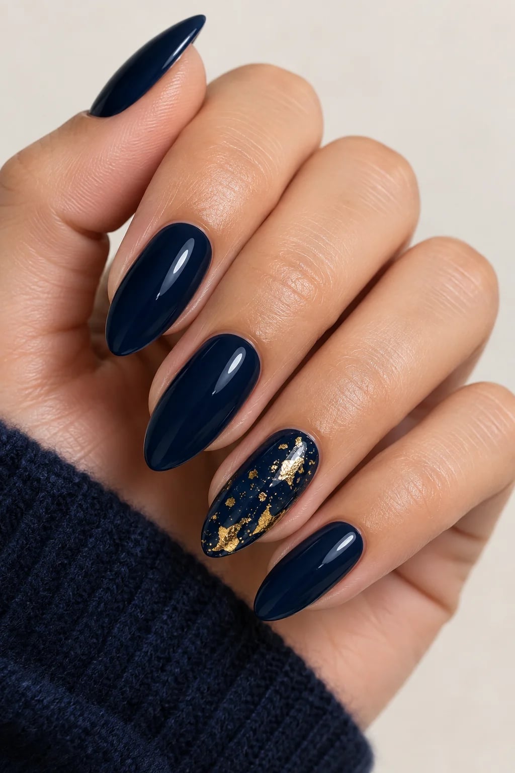 Medium Almond Navy Gold Foil — Navy Nails