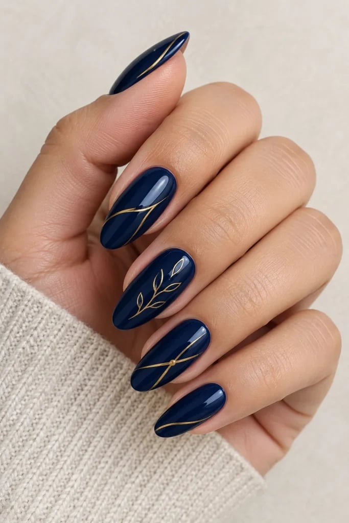 Medium Oval Navy Gold Lines Motif — Navy Nails
