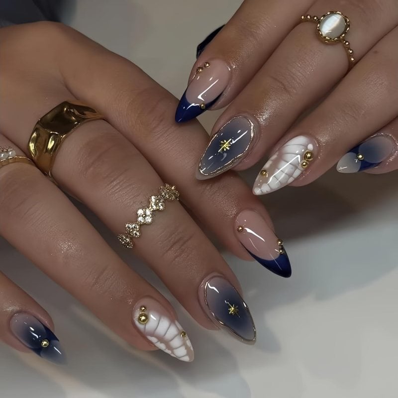 Medium Almond Navy French Ombre — Navy Nails