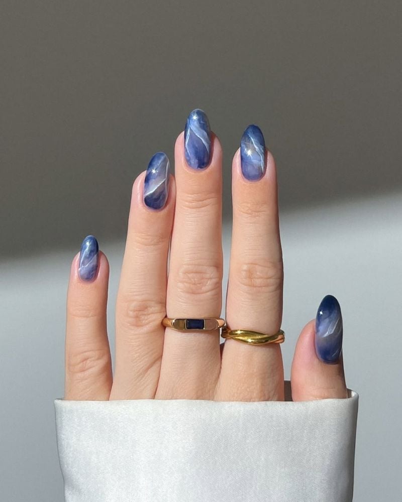 Medium Almond Marble Navy Shimmer — Navy Nails