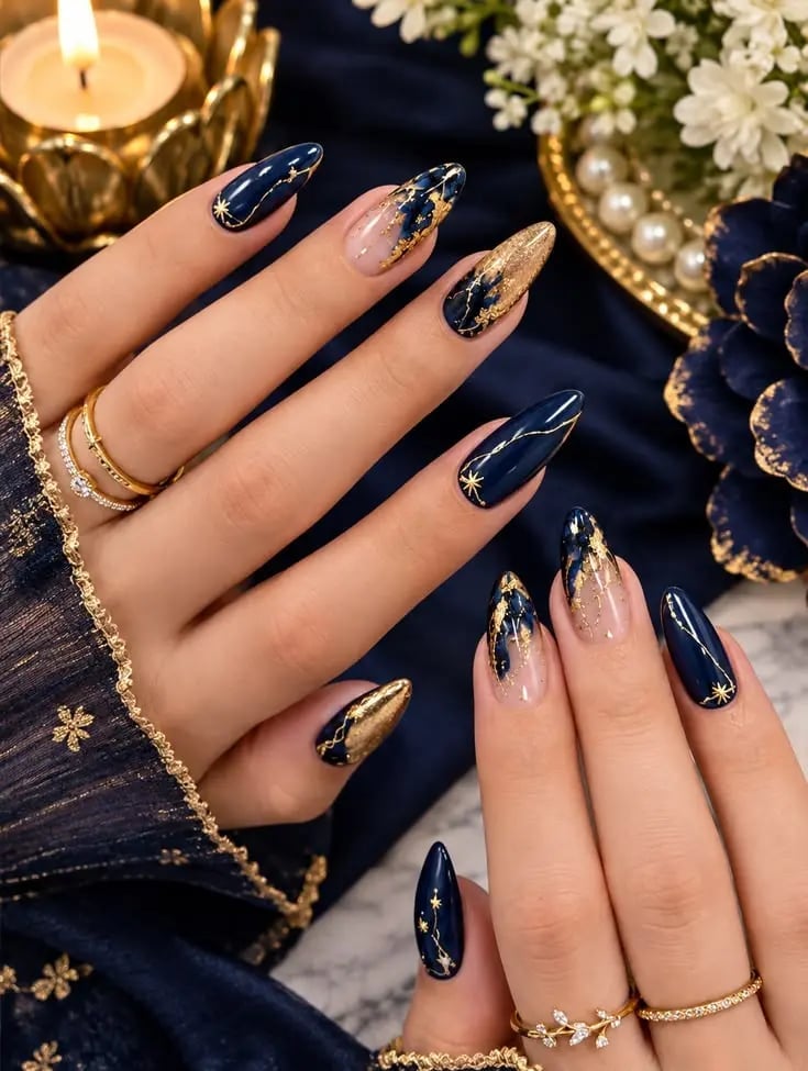 Long Almond Navy Gold Foil Stars — Navy Nails