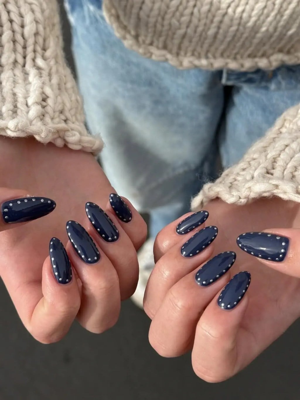 Long Almond Navy Studs Cuticle — Navy Nails
