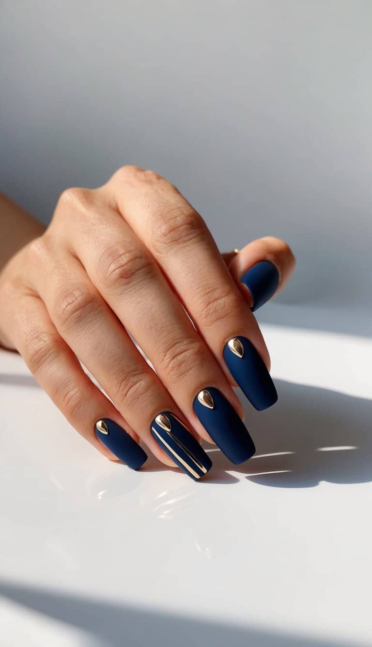 Long Coffin Matte Navy Gold Accents — Navy Nails
