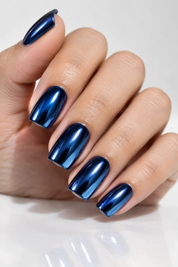Medium Square Navy Chrome Nails — Navy Nails