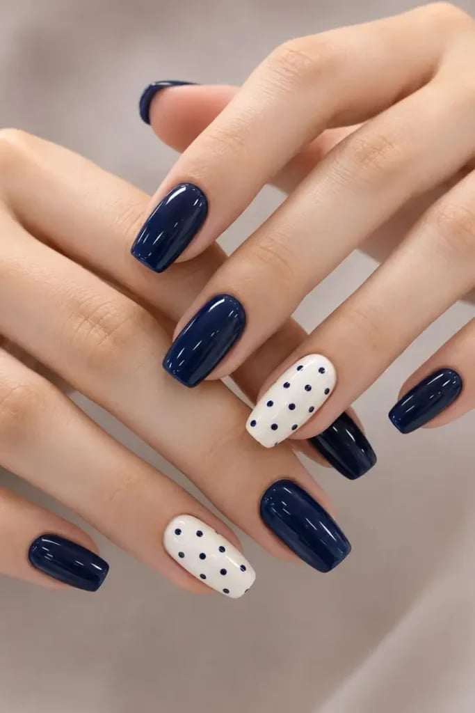 Short Square Navy Polka Dots — Navy Nails
