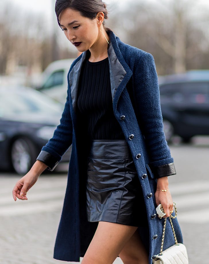 Navy Tweed Coat with Leather Mini Skirt — Navy Outfits