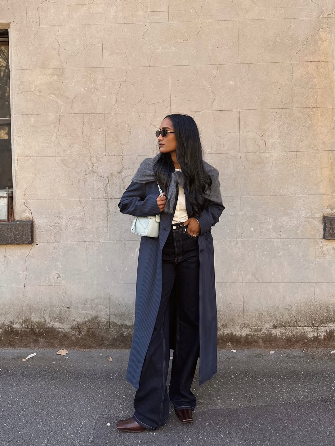 Pinstripe Navy Coat Over Jeans — Navy Outfits
