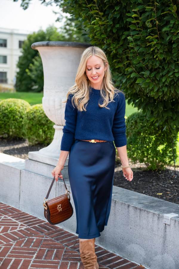 Monochromatic Navy Knit Sweater and Satin Skirt — Navy Outfits