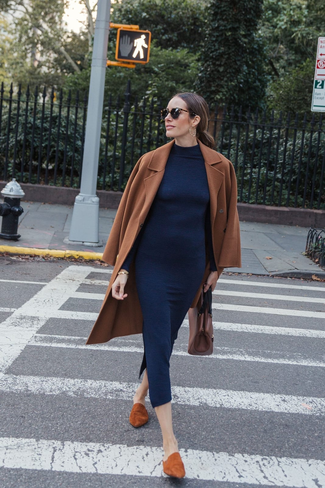 Midi Knit Dress with a Camel Coat — Navy Outfits