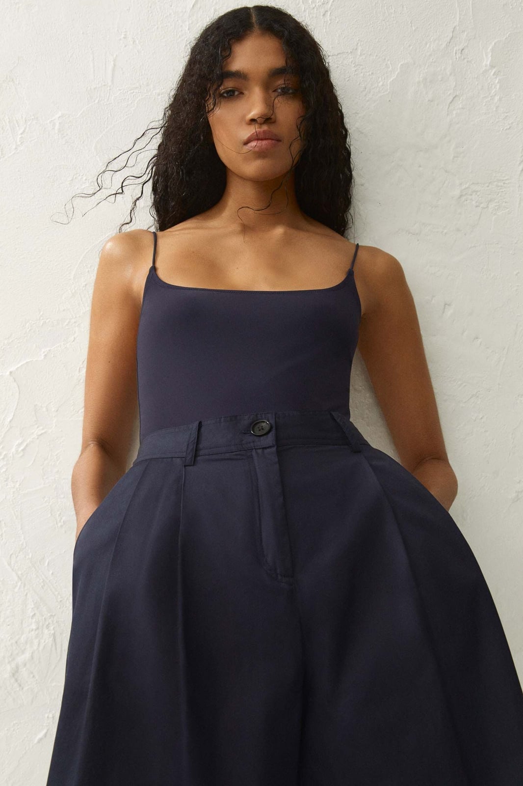 Monochromatic Navy Wide Leg Trousers and Camisole — Navy Outfits