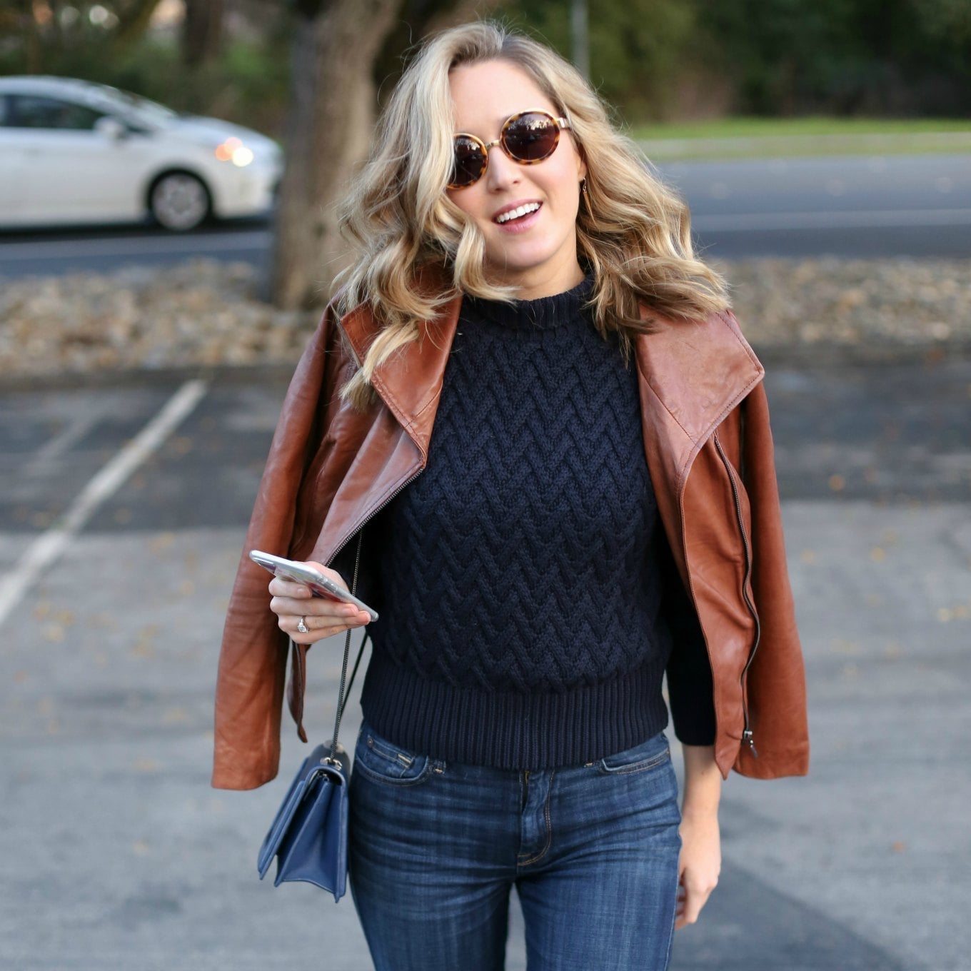 Navy Cable Knit Sweater with Jeans and Leather Jacket — Navy Outfits
