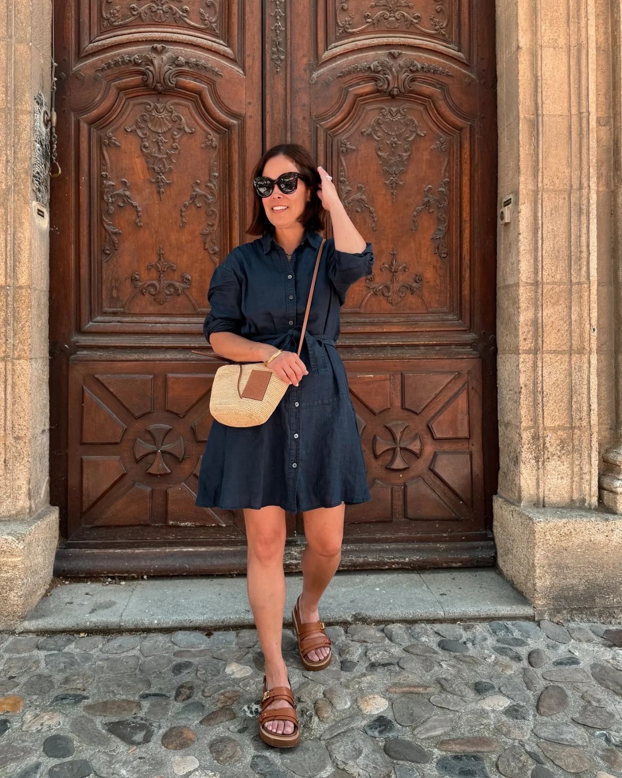 Navy Linen Blend Shirt Dress with Straw Bag — Navy Outfits