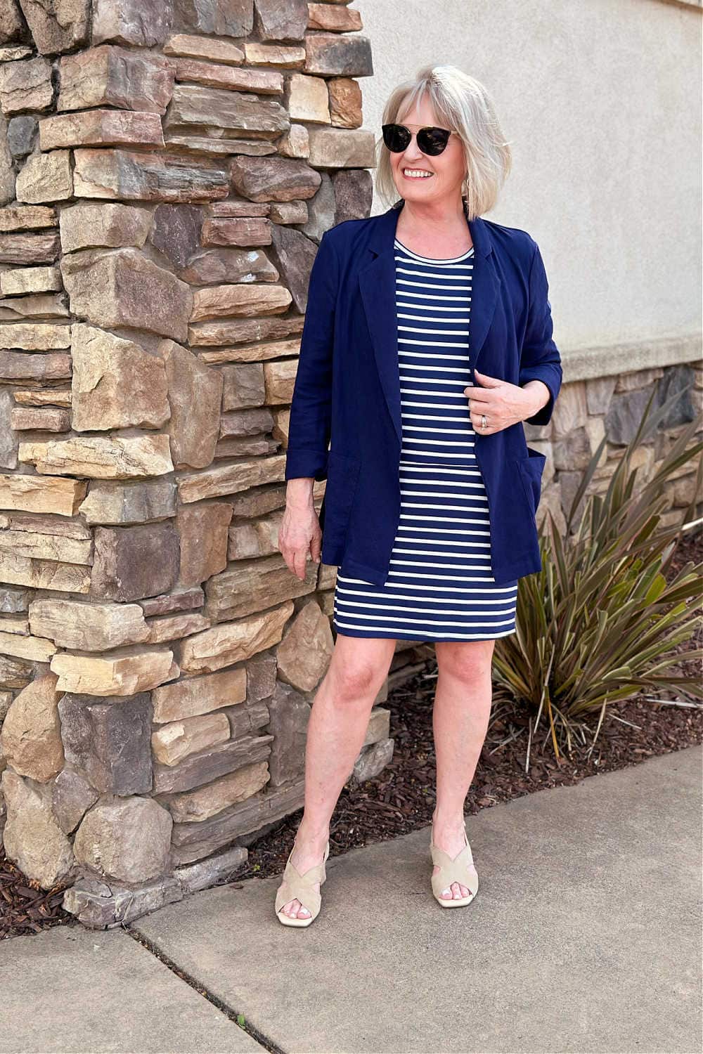 Navy Blazer Over Striped Dress — Navy Outfits