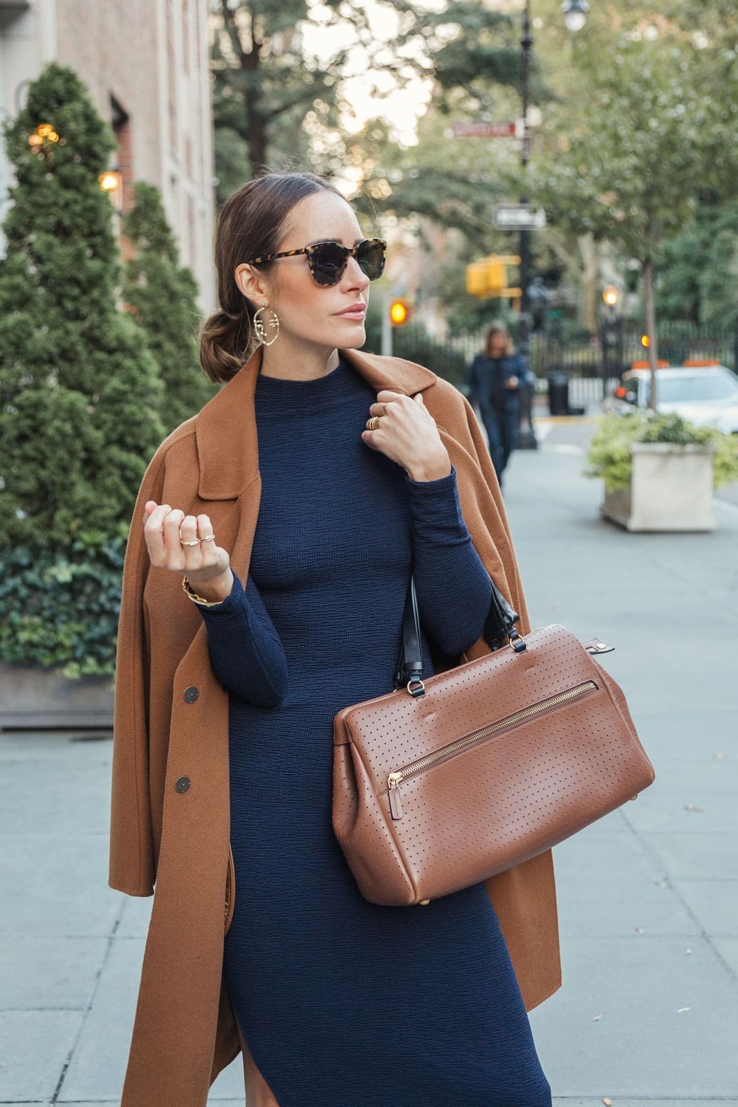 Fitted Knit Dress and Wool Coat Ensemble — Navy Outfits