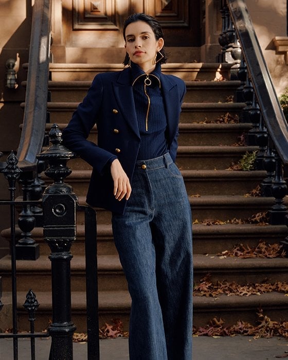 Navy Blazer with Gold Buttons and Wide Leg Trousers — Navy Outfits