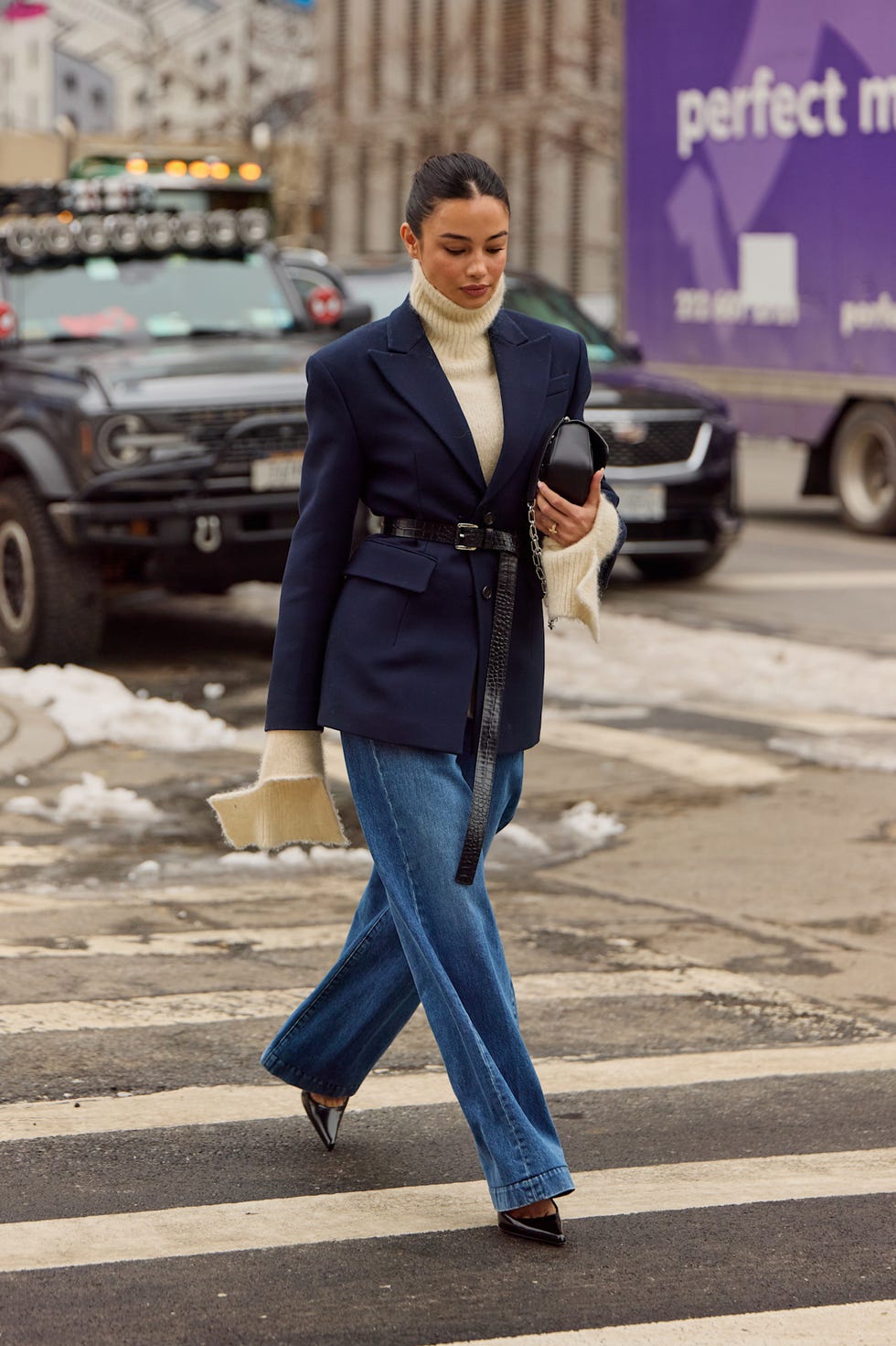 Belted Navy Blazer with Jeans — Navy Outfits