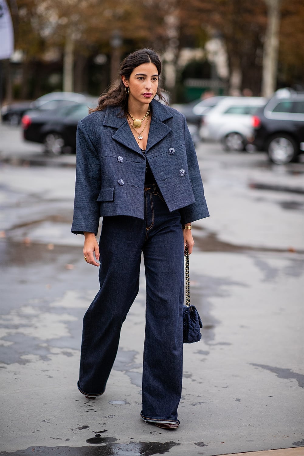 Cropped Double-Breasted Jacket and Wide Leg Jeans — Navy Outfits