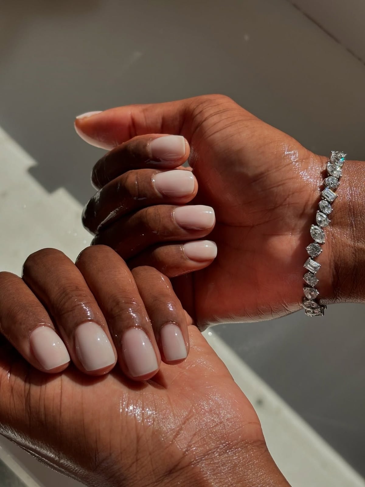 Glossy Milky Pale Pink Short Almond Nails — Neutral Nails Colors