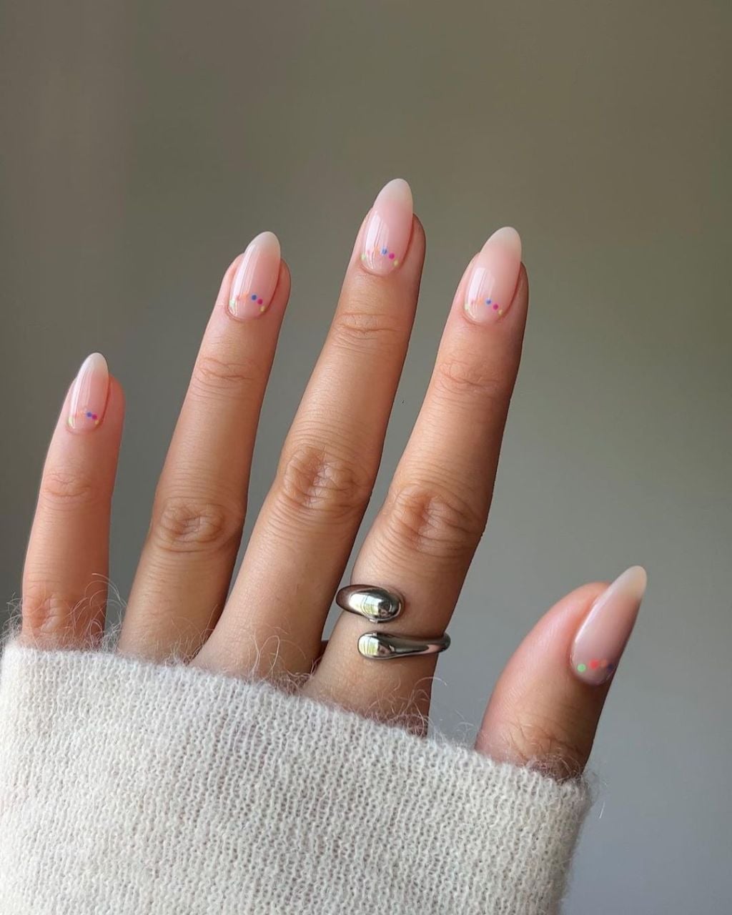 Sheer Nude Short Almond Nails with Tiny Dots — Neutral Nails Colors