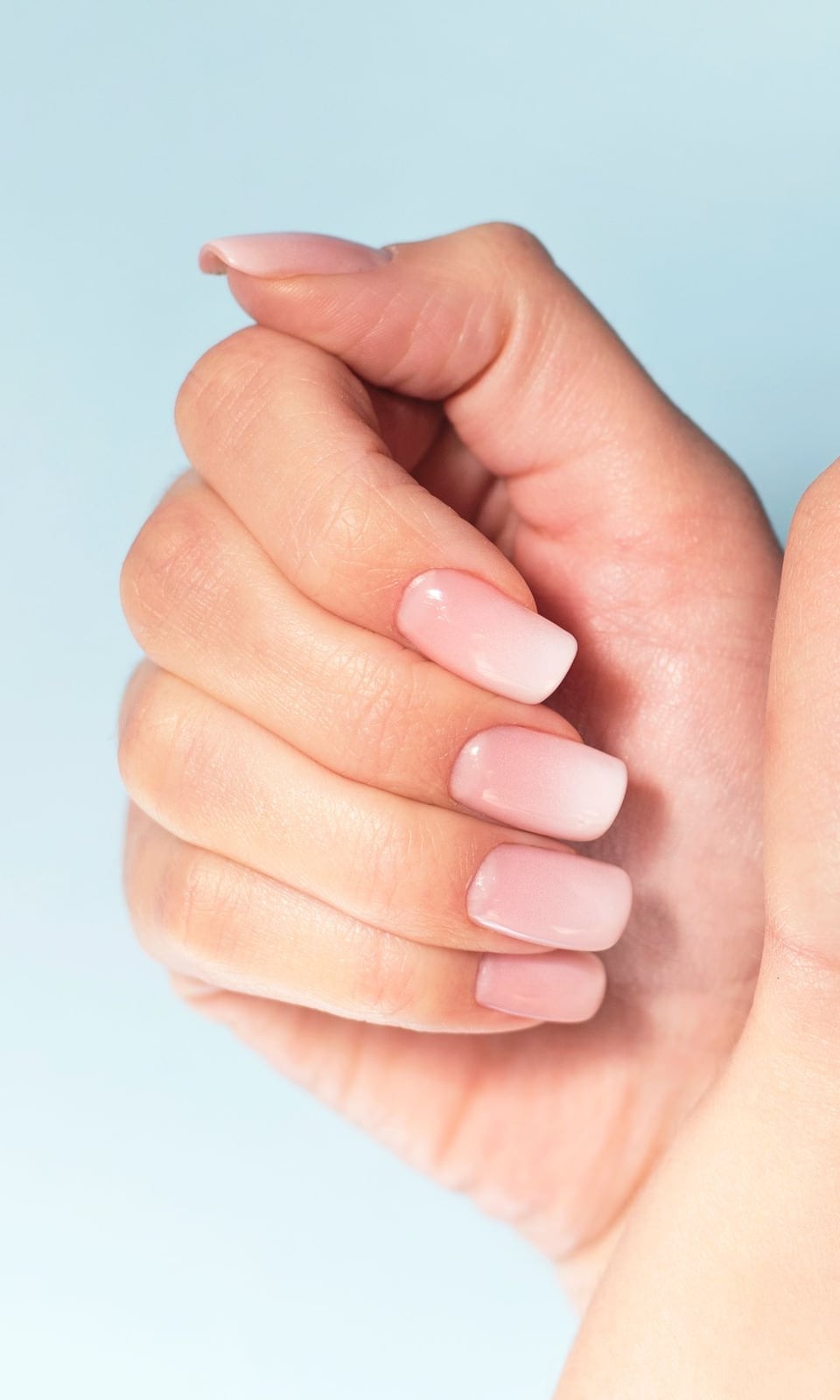 Sheer Pale Pink Short Square Nails, Close-Up Take — Neutral Nails Colors