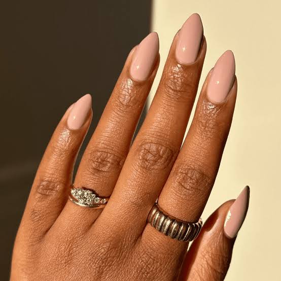 Glossy Neutral Tones Medium Almond Nails — Neutral Nails Colors